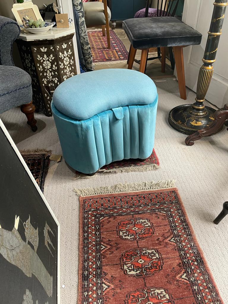 Art deco ottoman reupholstered in blue velvet